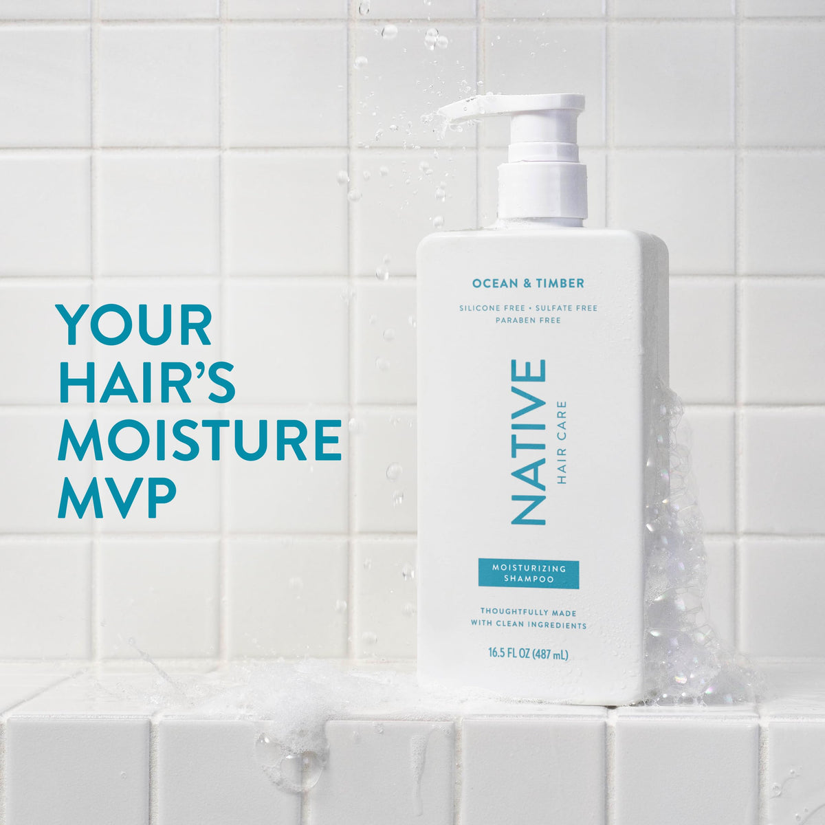 Native Moisturising Shampoo bottle with Ocean & Timber label