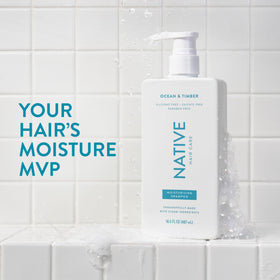 Native Moisturising Shampoo bottle with Ocean & Timber label