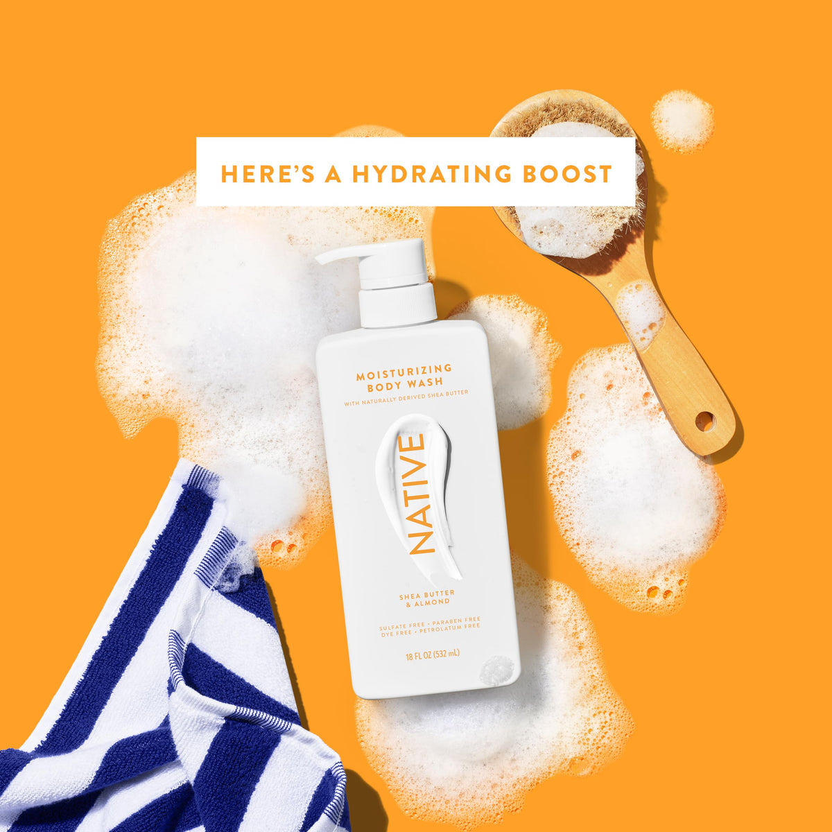 Native Moisturizing Body Wash 18 oz with product texture on skin