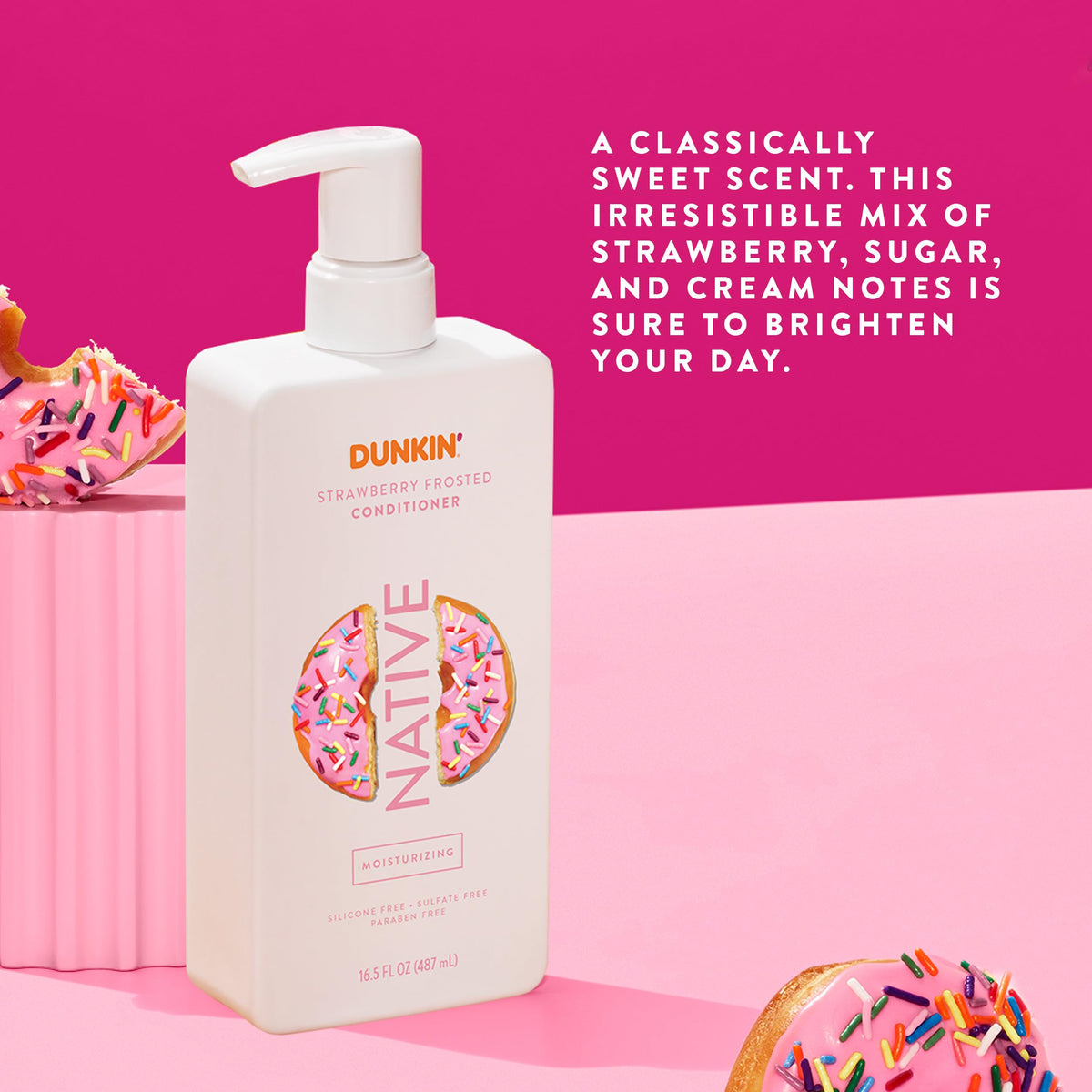 Native Strawberry Frosted Conditioner 16.5 oz with Dunkin' branding