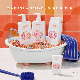 Native Strawberry Frosted Shampoo in a bathroom setting