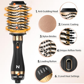 Natrial Hair Dryer Brush showing three-speed temperature settings