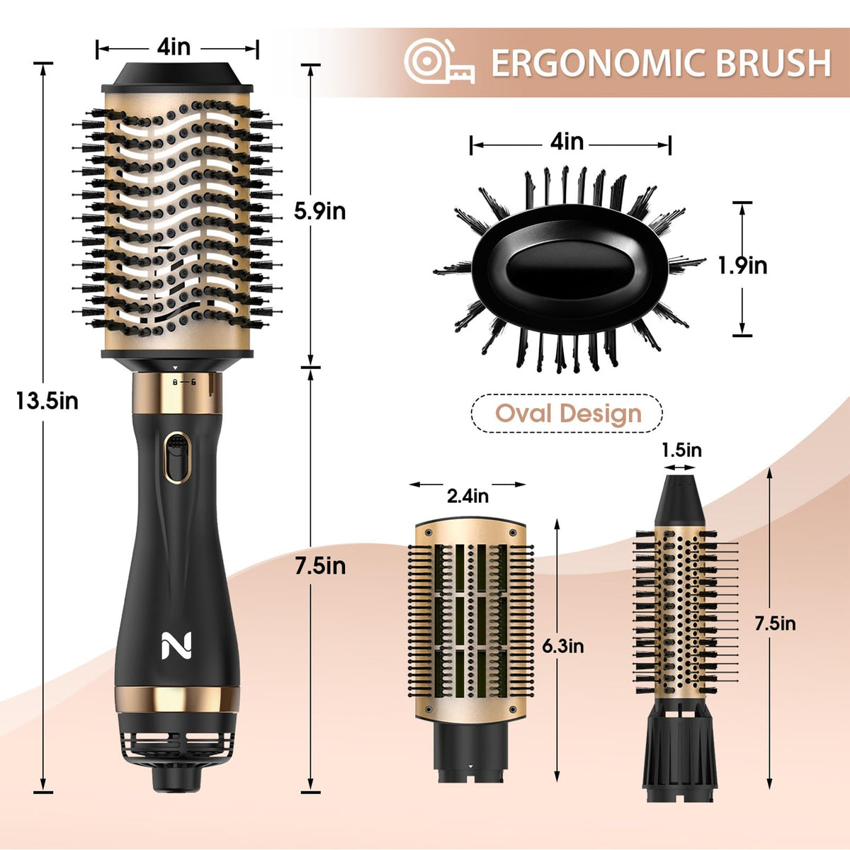 Natrial Hair Dryer Brush side view displaying power cord