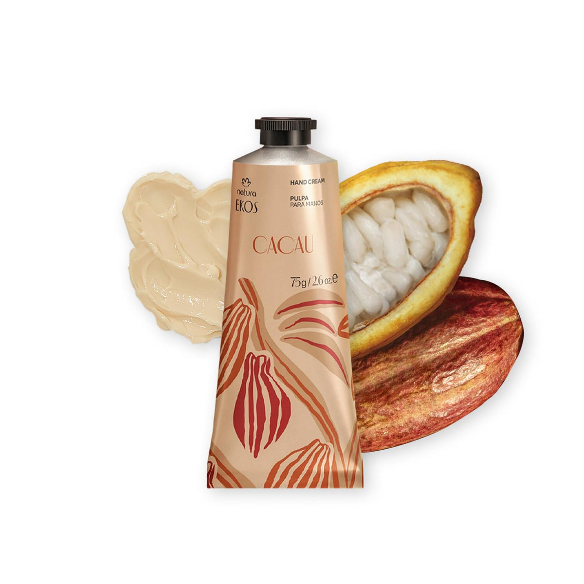 natura Ekos Cacau Hand Cream front view with cocoa butter texture