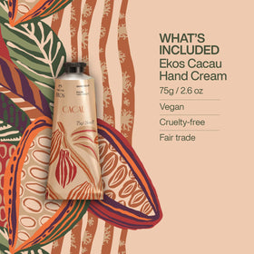natura Ekos Cacau Hand Cream with packaging on a wooden table