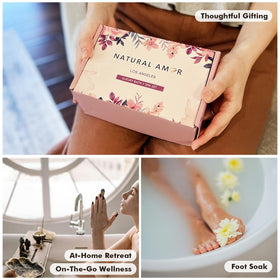 NATURAL AMOR bath salt gift set displayed on a bathroom shelf