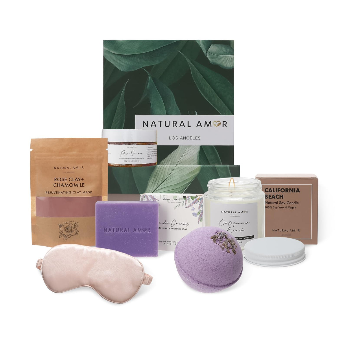NATURAL AMOR Handmade Bath Body Gift Set front view including soap, bath bomb, mask, and candle