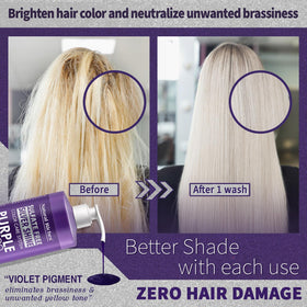 Natural Riches Purple Shampoo and Conditioner in bathroom setting