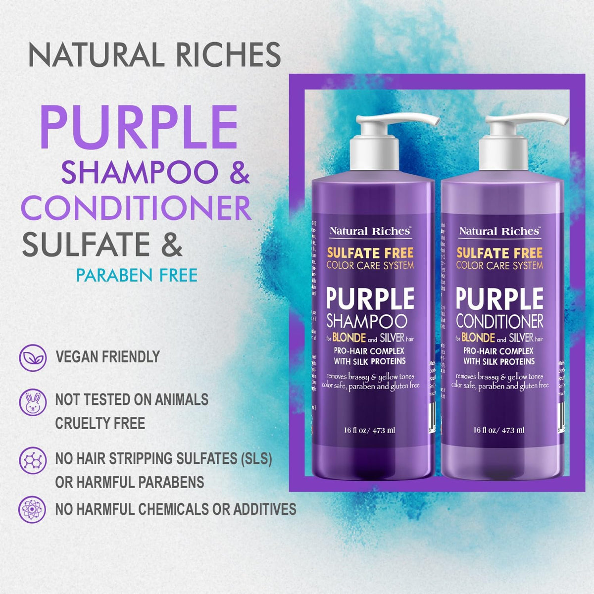 Natural Riches Purple Shampoo and Conditioner set lifestyle scene