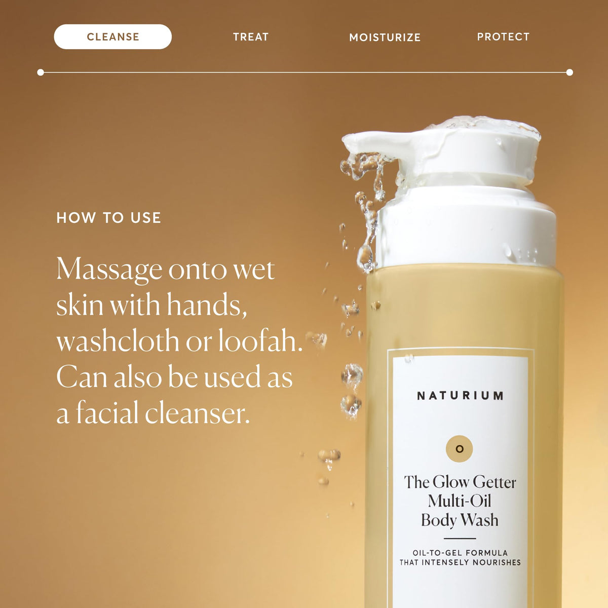 Naturium The Glow Getter Multi-Oil Hydrating Body Wash on a bathroom shelf
