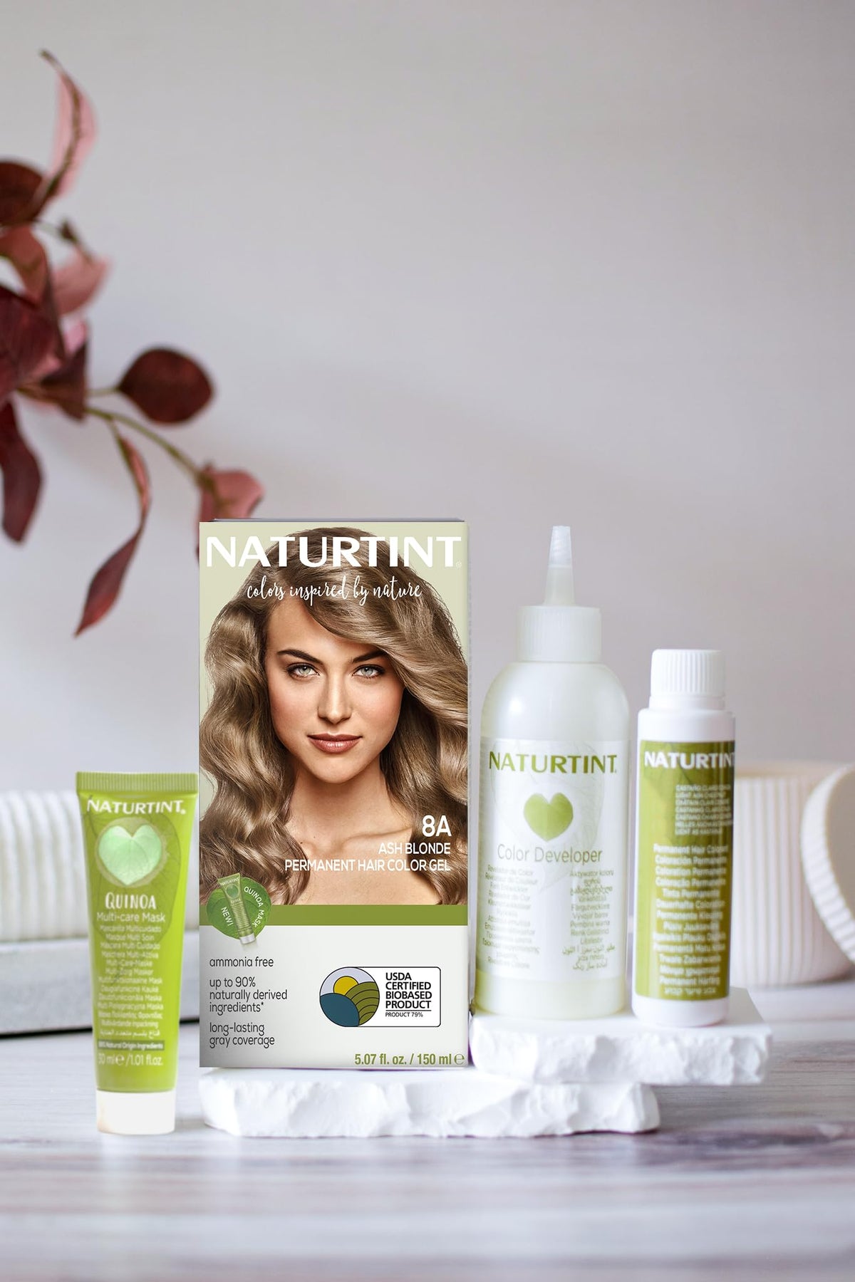 Naturtint 8A Ash Blonde Hair Colour side view with ingredients list