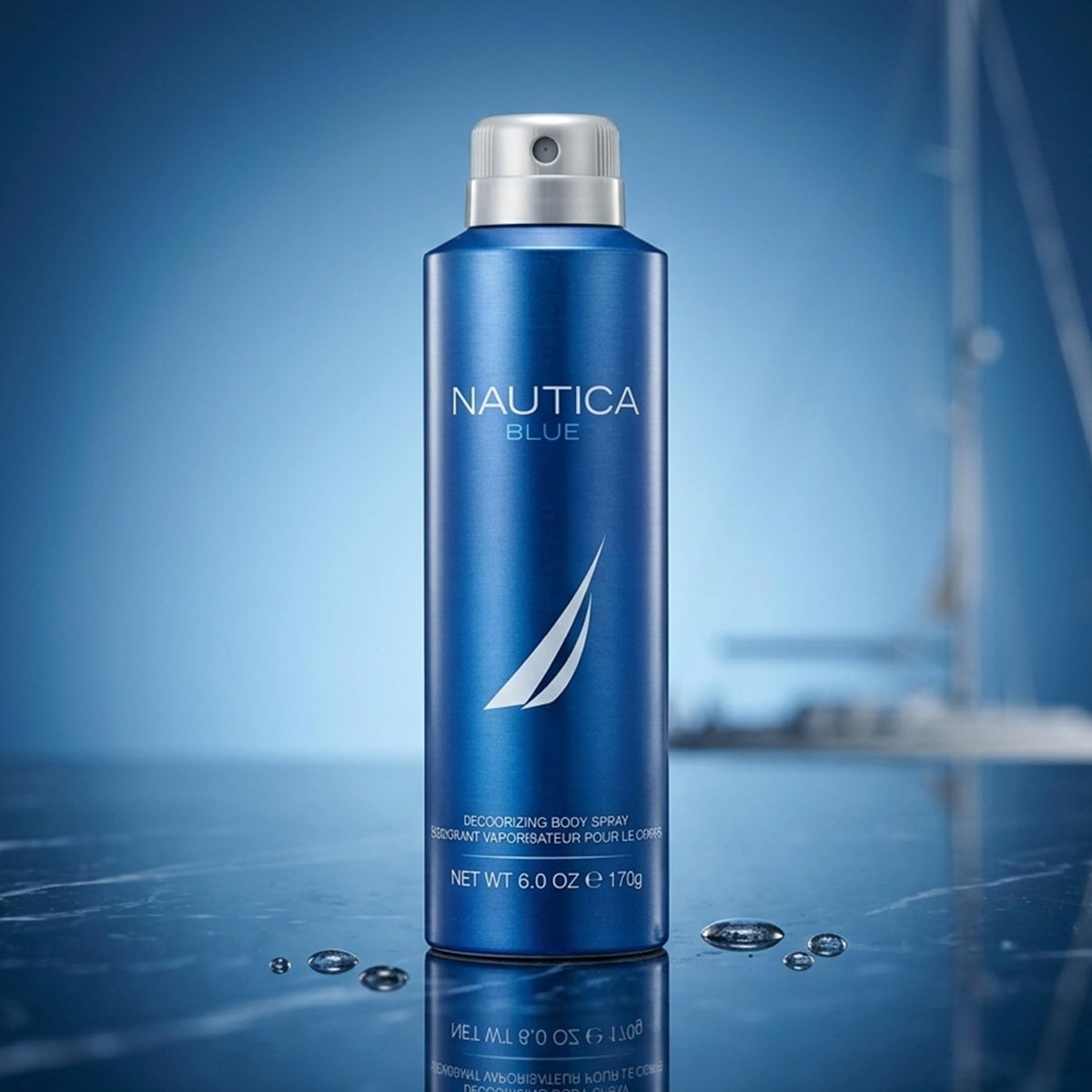 Nautica Blue Body Spray 6 fl oz on a bathroom shelf