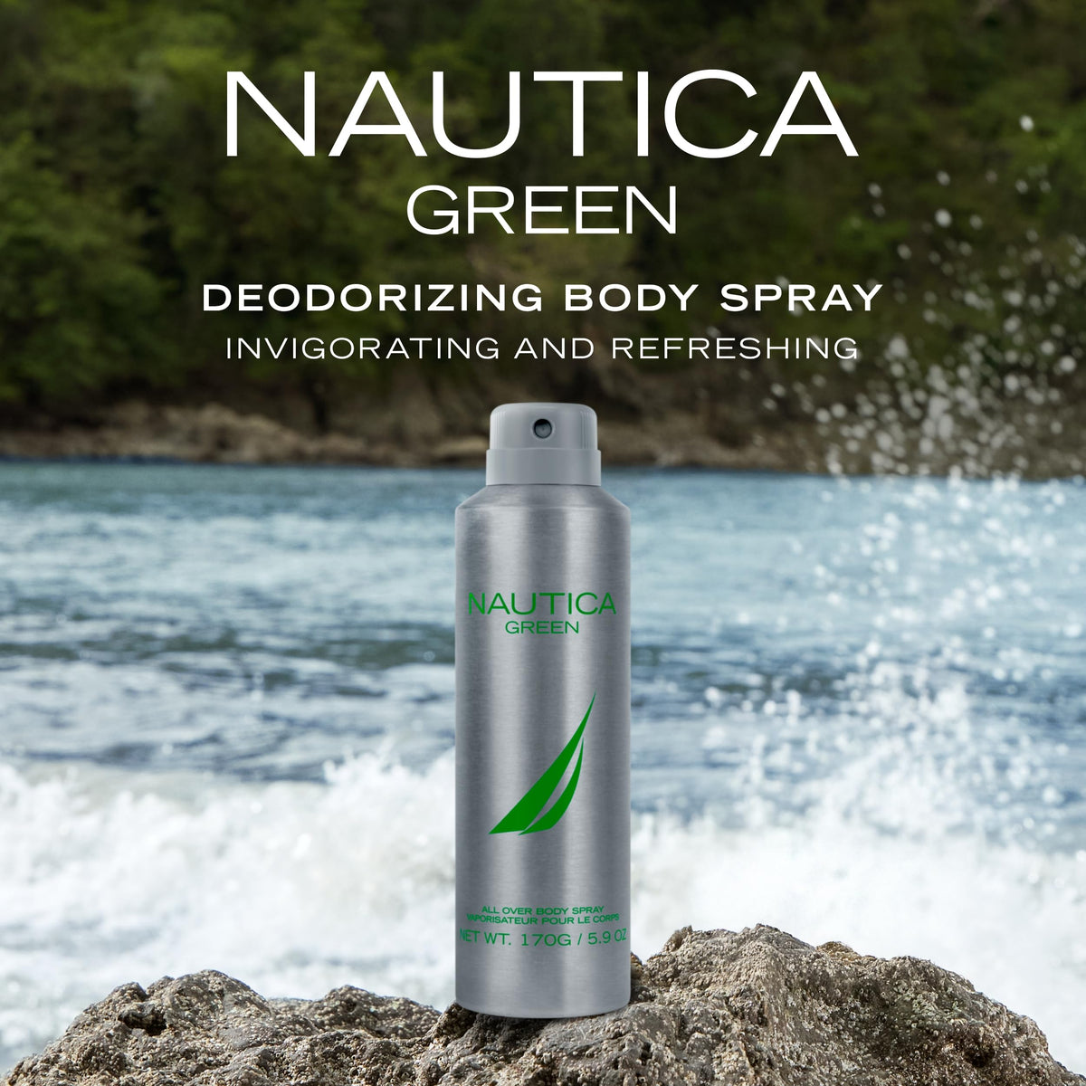 Nautica Green Deodorizing Body Spray side view with cap