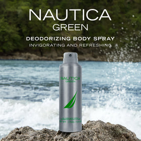 Nautica Green Deodorizing Body Spray side view with cap