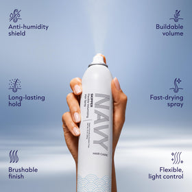 NAVY HAIR CARE Skipper Hair Spray with a background of styled hair