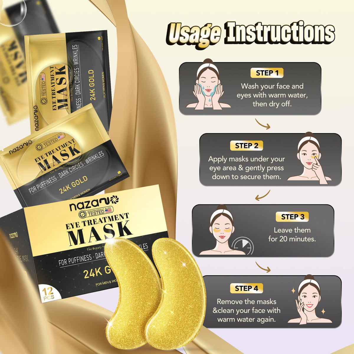 NAZANO 24K Gold Under Eye Patches on a bathroom counter