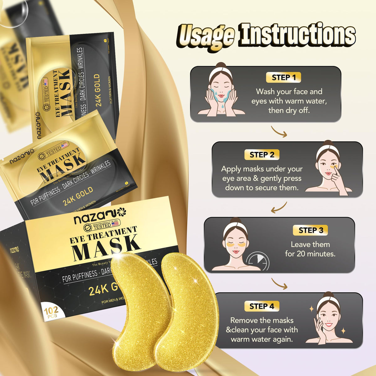 NAZANO 24K Gold Under Eye Patches with ingredients list