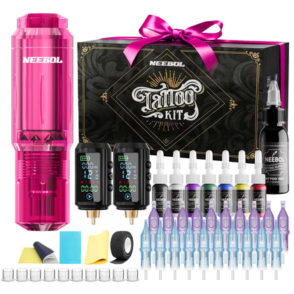 Neebol Wireless Tattoo Gun Kit with accessories including batteries and ink