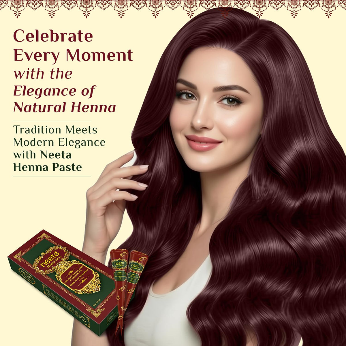 Neeta henna paste cones arranged on a wooden surface