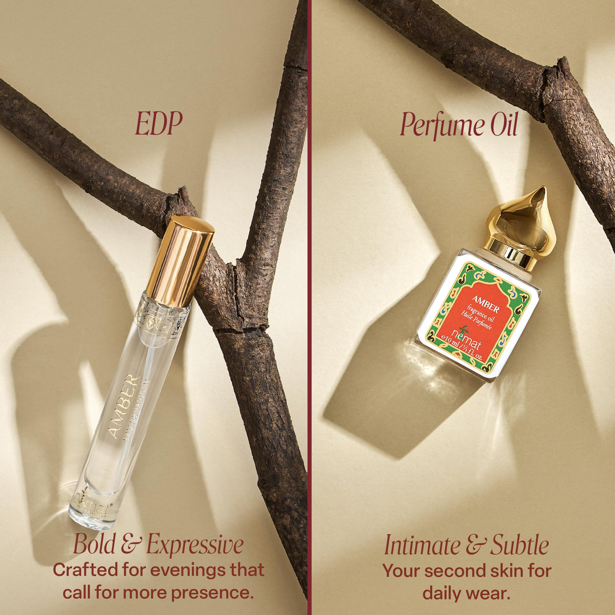 Nemat Amber EDP Travel Spray 9ml held in hand for size reference