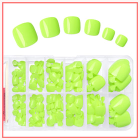 Neon green press on toenails displayed in storage case