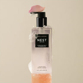 NEST New York Himalayan Salt & Rosewater Hand Soap with floral background