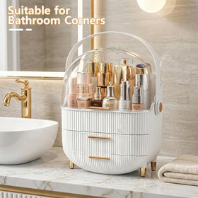 NestOrganix Makeup Organizer with golden handle in lifestyle setting