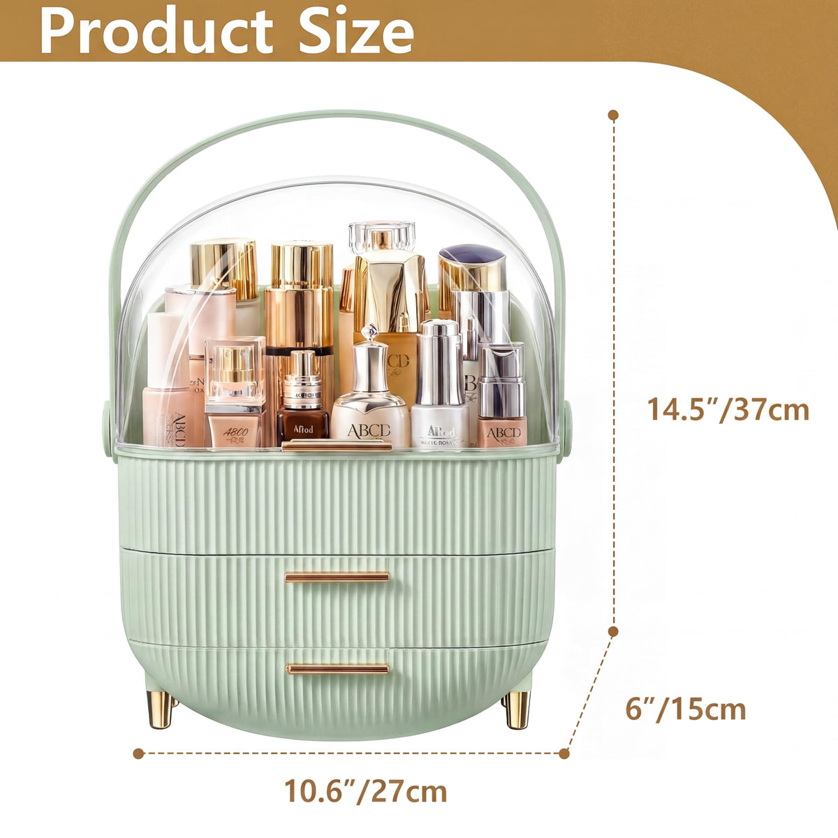 NestOrganix Makeup Organizer with golden handle on vanity