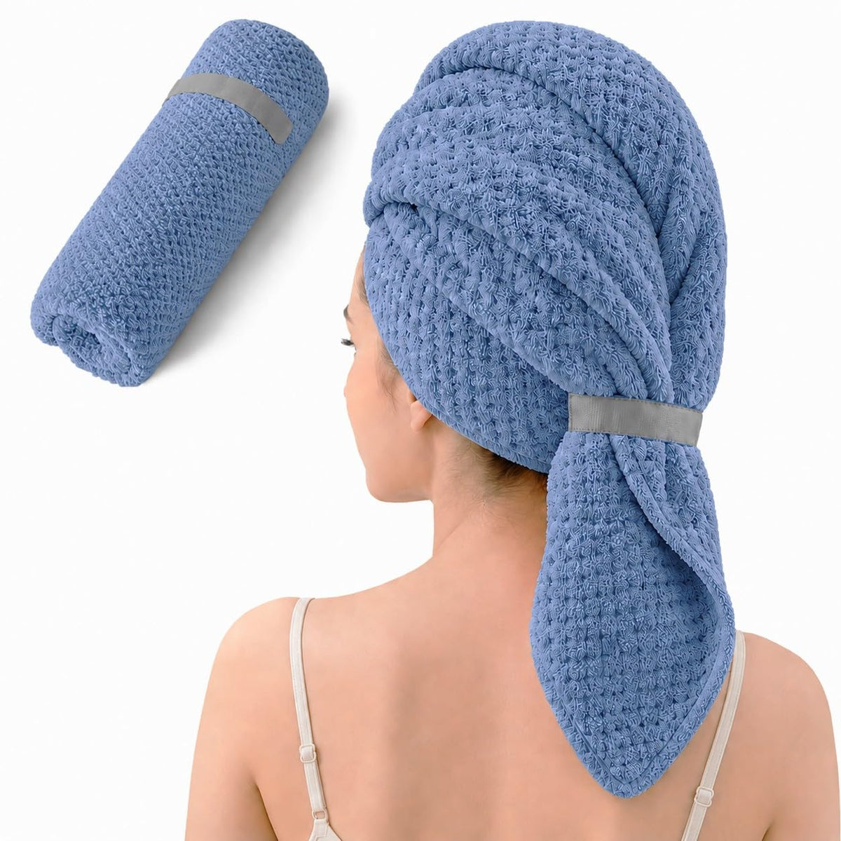 Netcken large microfiber hair wrap towel in blue, front view