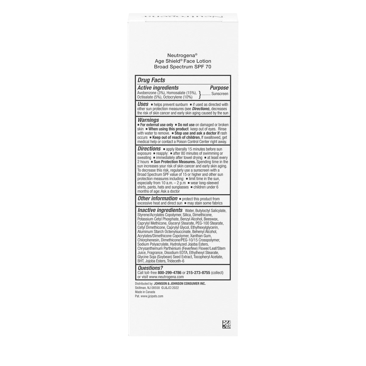 Neutrogena Age Shield Face Sunscreen SPF 70 product details