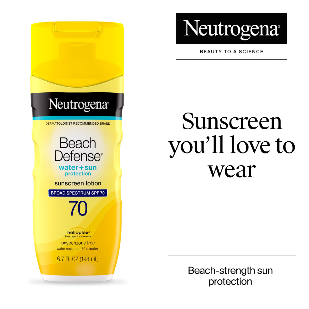 Neutrogena Beach Defense Sunscreen Lotion SPF 70, back view with ingredient details