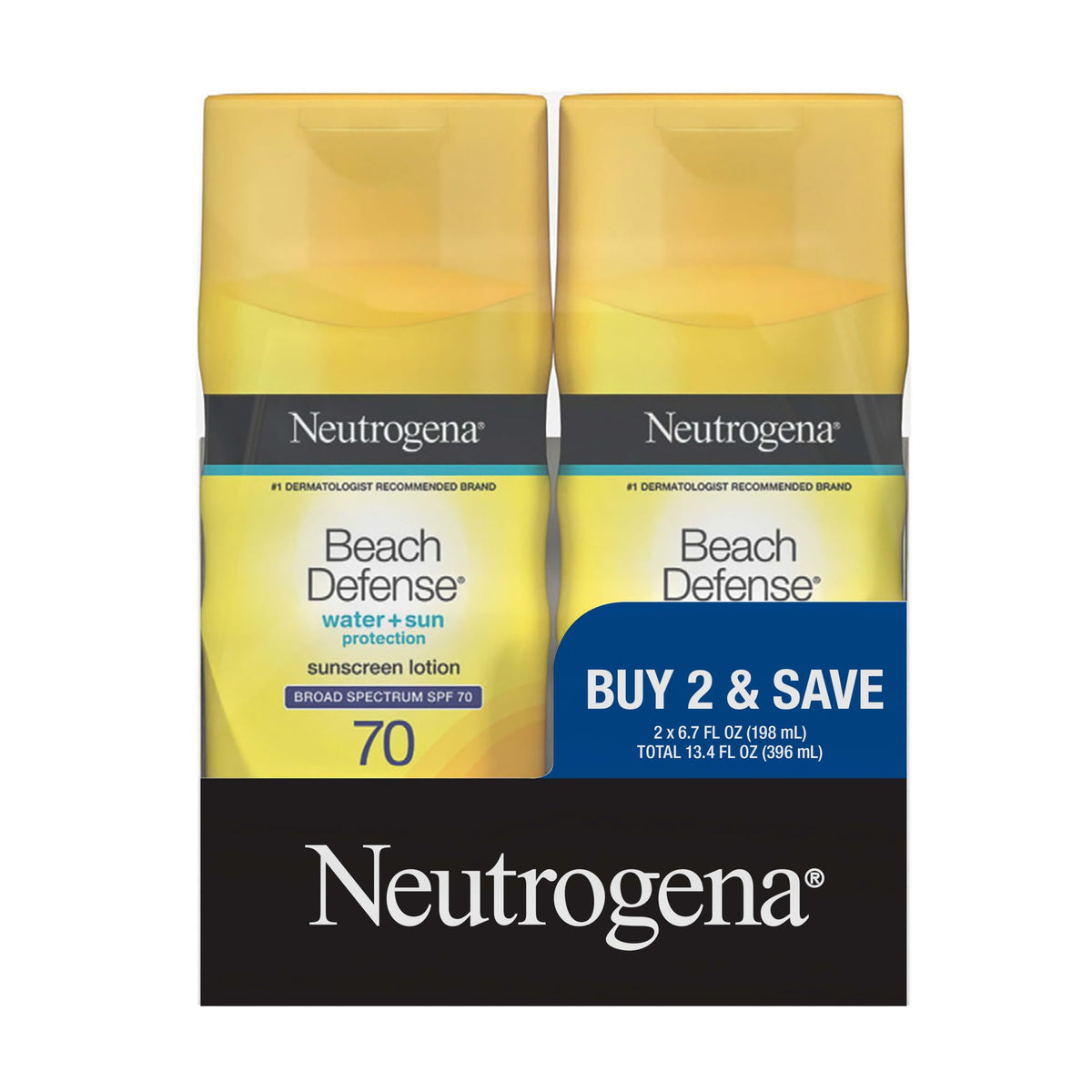 Neutrogena Beach Defense Sunscreen Lotion SPF 70, two 6.7 fl oz bottles front view