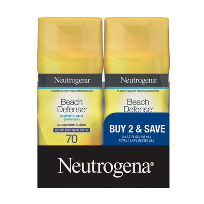 Neutrogena Beach Defense Sunscreen Lotion SPF 70, two 6.7 fl oz bottles front view