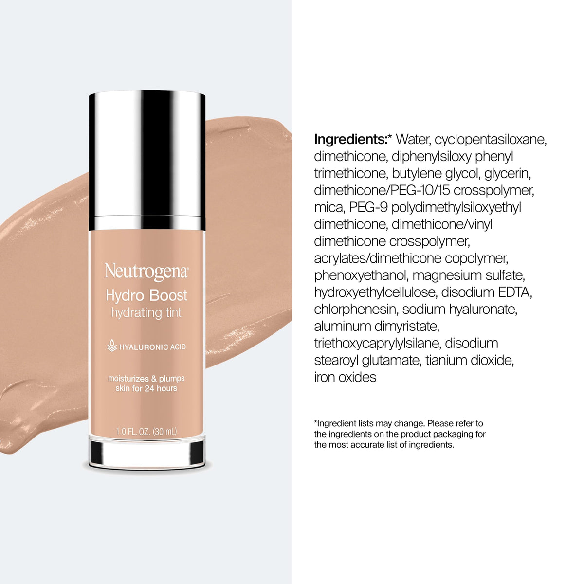 Neutrogena Hydro support Hydrating Tint Foundation Buff 30 with skincare products