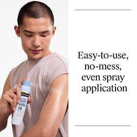 Neutrogena sunscreen spray bottle with sun in background