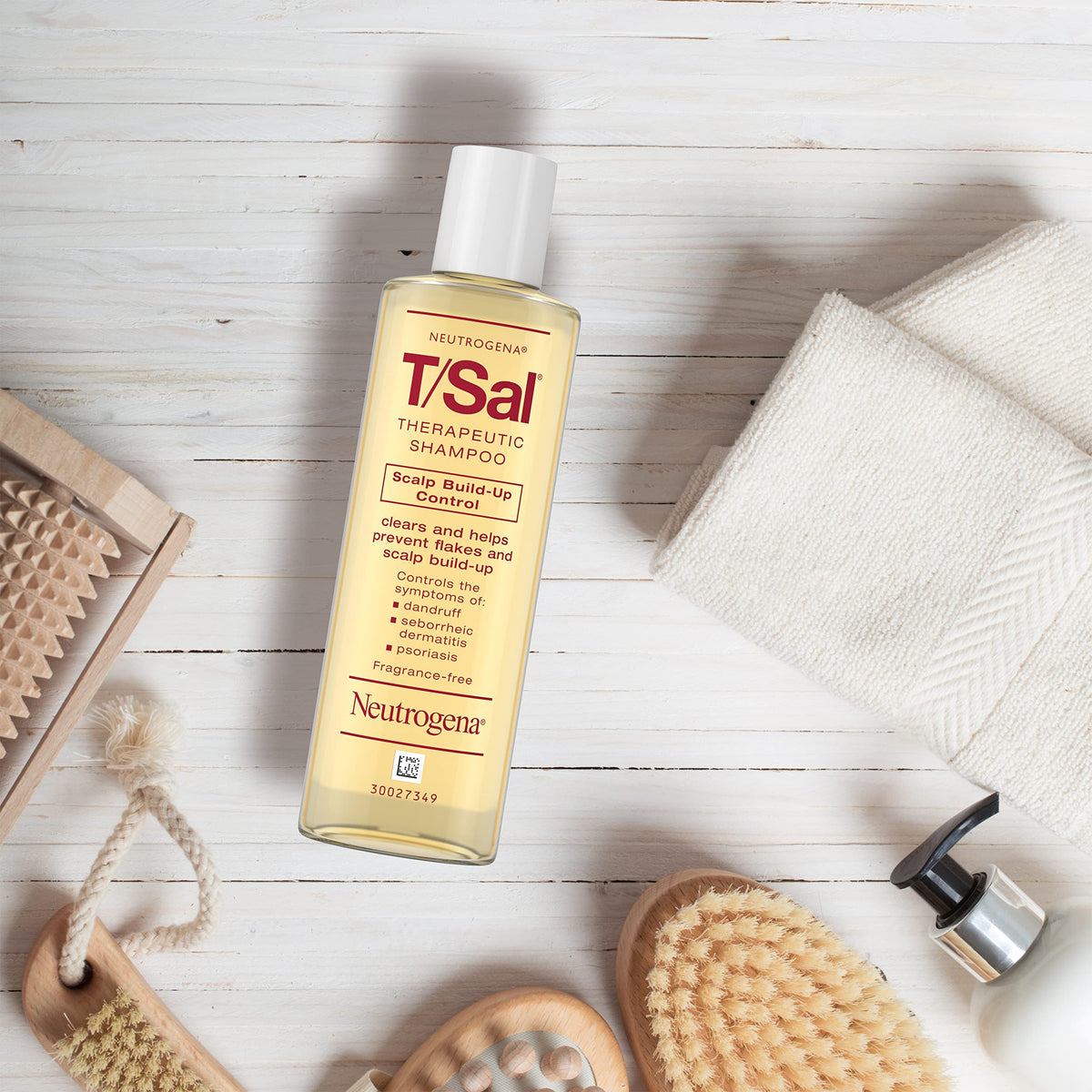 Neutrogena T/Sal shampoo on bathroom shelf