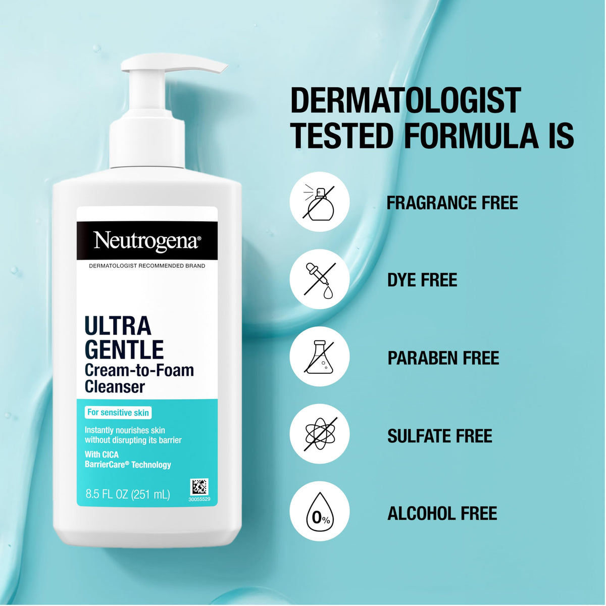 Neutrogena Ultra Gentle Cream-to-Foam Facial Cleanser packaging details