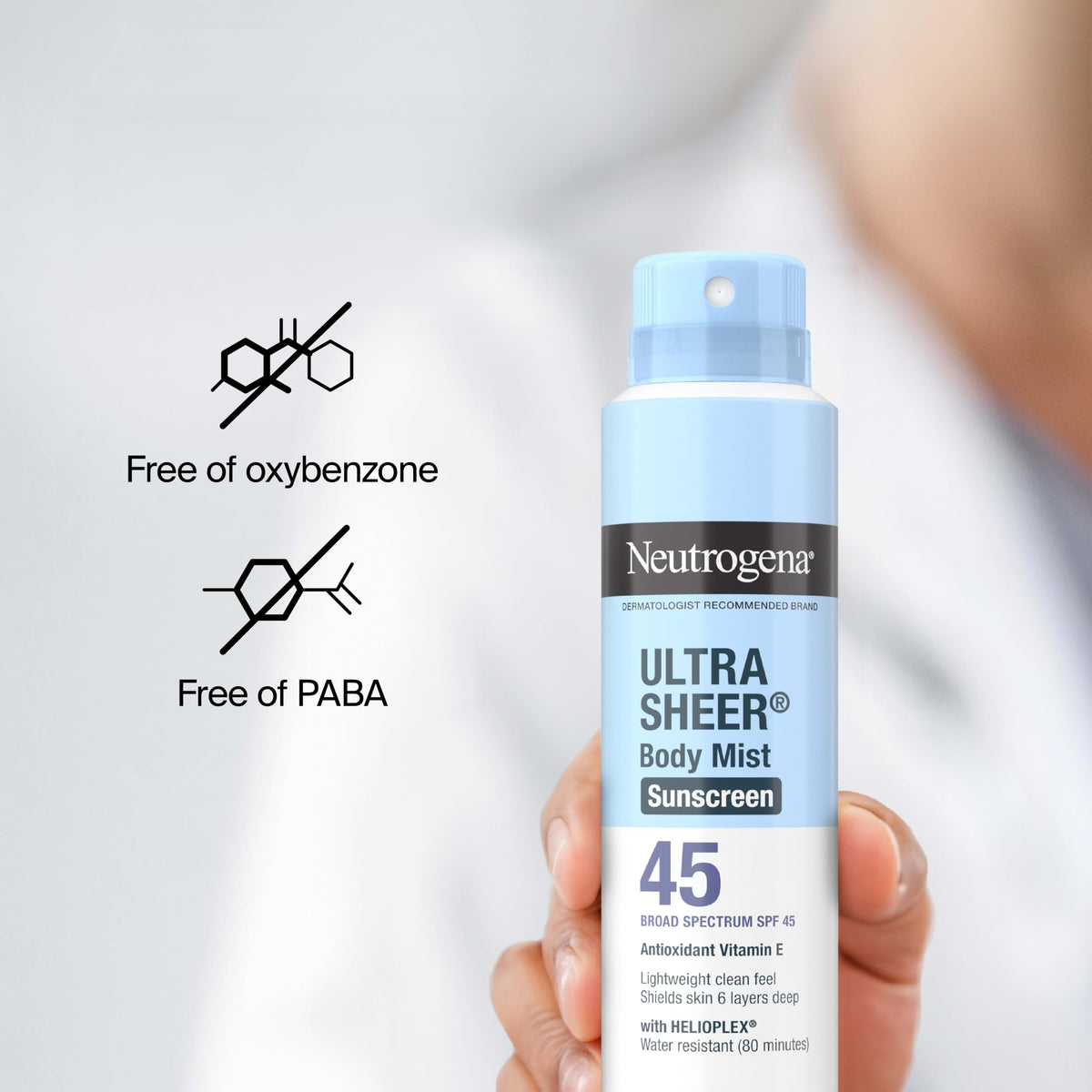 Neutrogena Ultra Sheer Sunscreen Spray SPF 45 with beach background