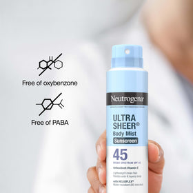 Neutrogena Ultra Sheer Sunscreen Spray SPF 45 with beach background