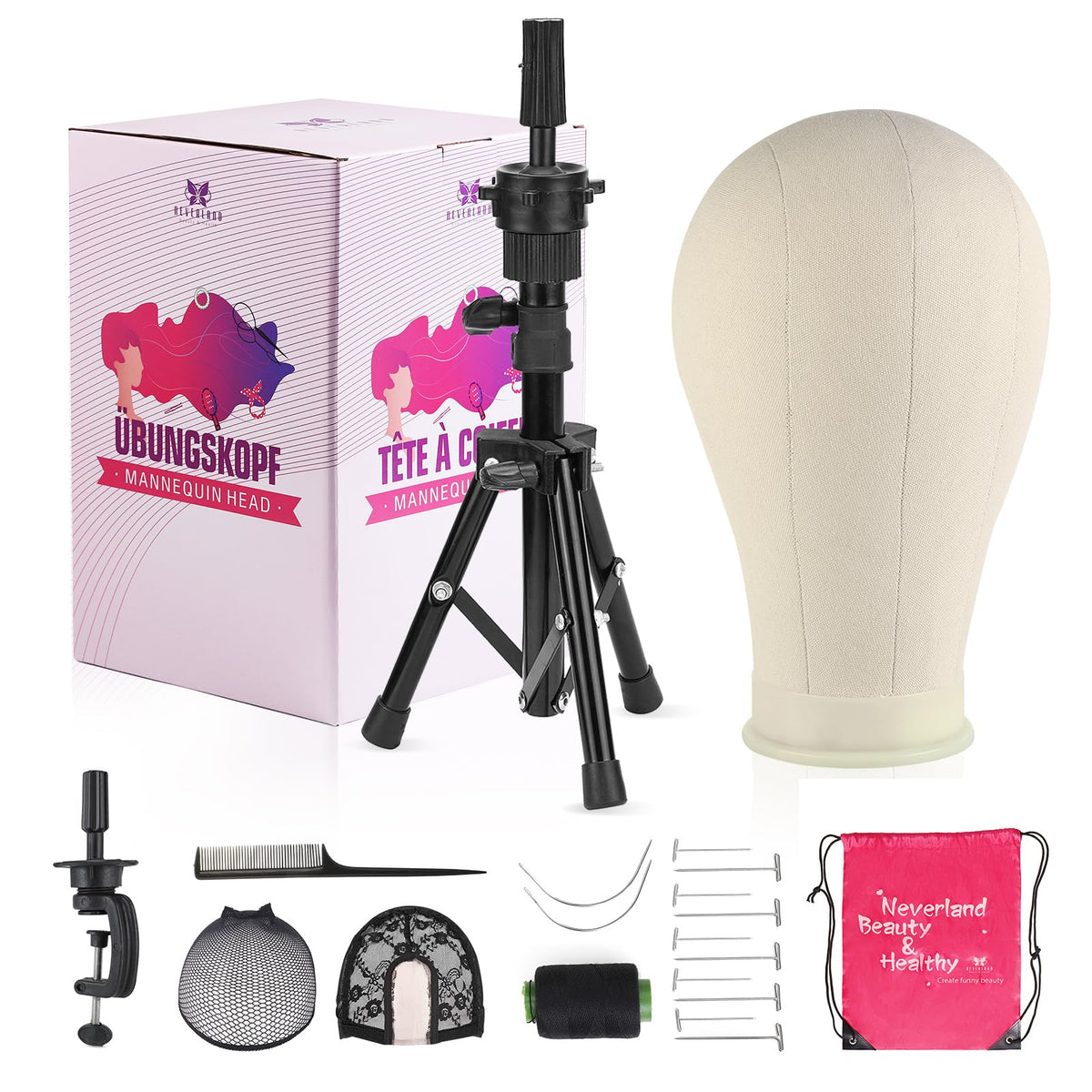 Neverland 22 Inch Wig Stand front view with tripod
