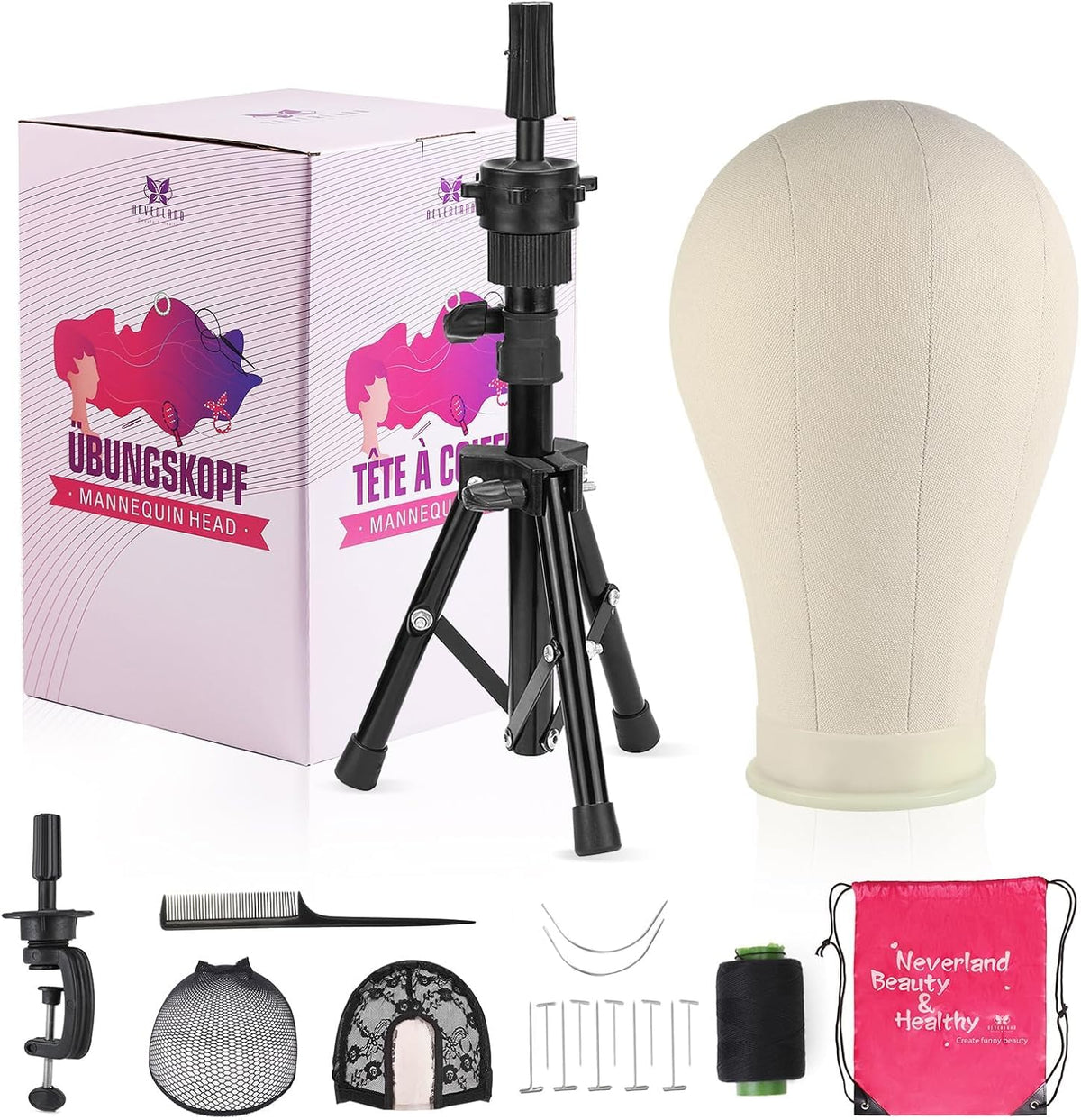 Neverland Beauty & Health wig stand with tripod front view