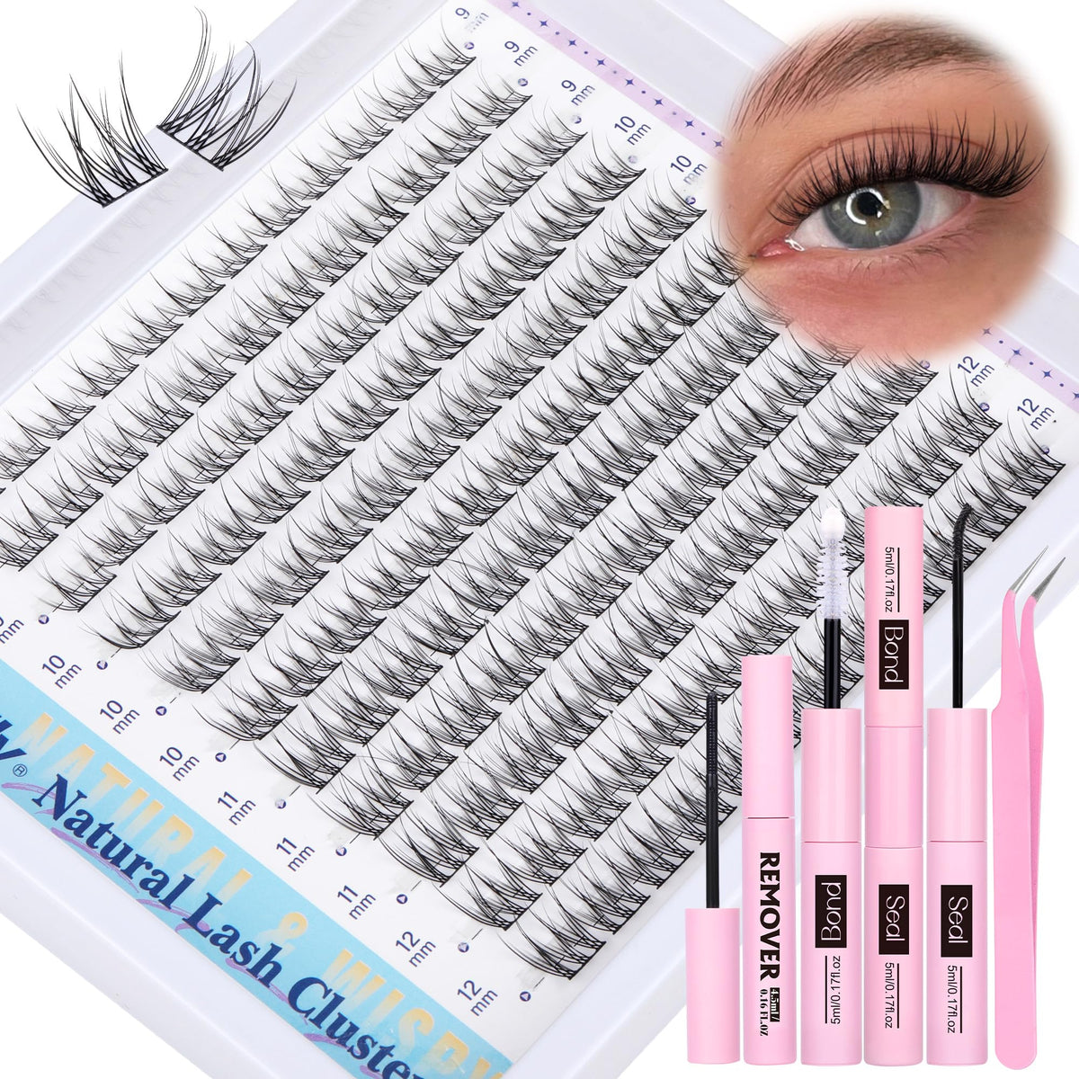 Newcally Natural Lash Clusters Kit front view with lashes and tools