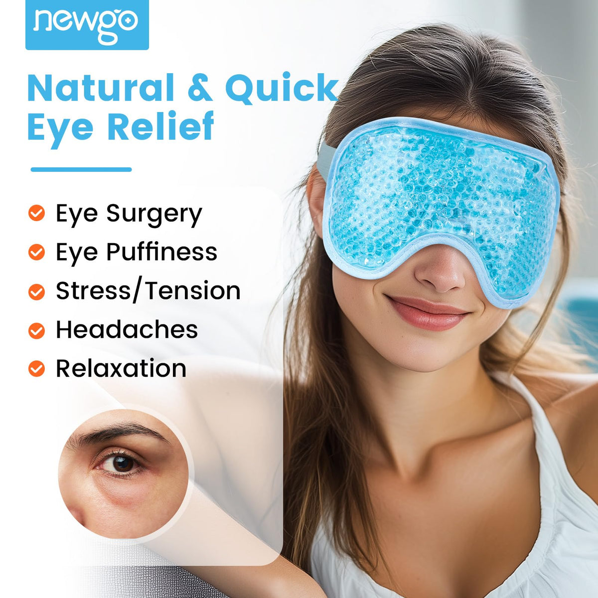 NEWGO Cooling Eye Mask blue side view showing adjustable strap