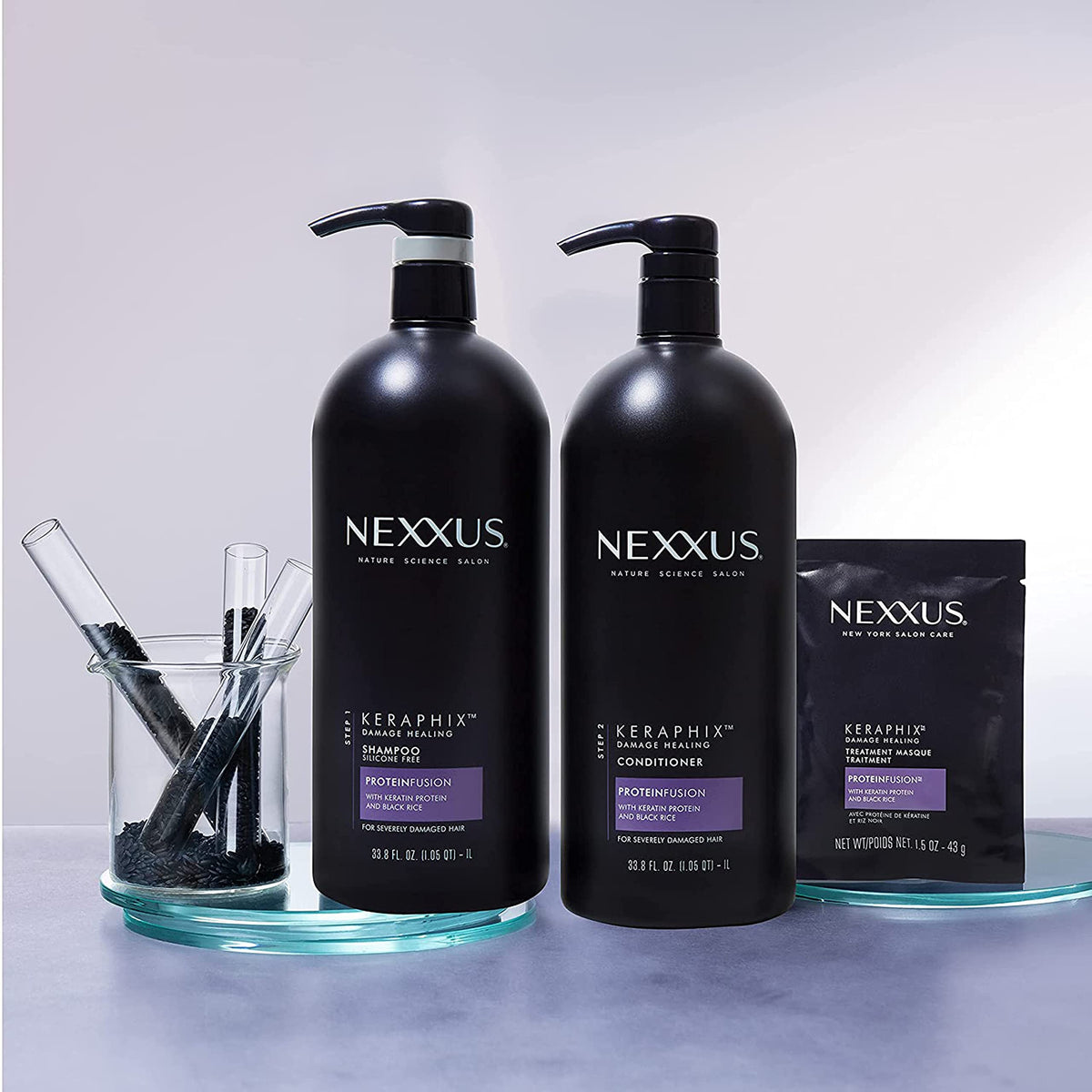 Nexxus Keraphix Repair Masks displayed with ingredients