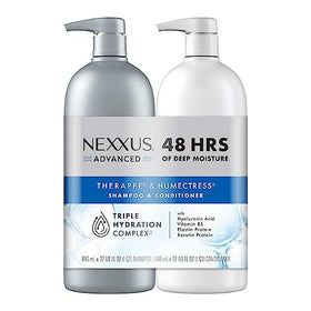 Nexxus THERAPPE and HUMECTRESS set displayed on a bathroom shelf