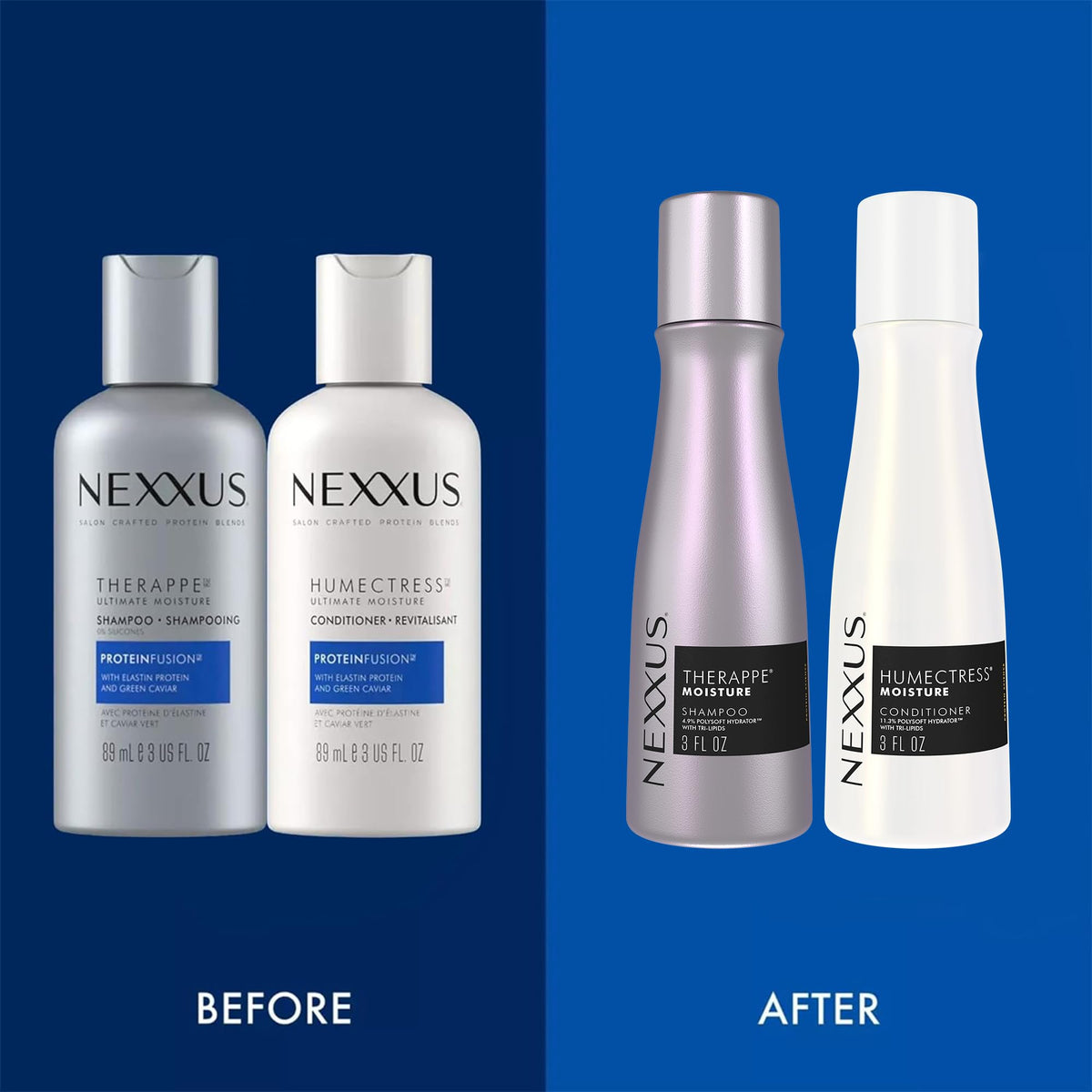 Nexxus Travel Shampoo and Conditioner Set on a bathroom counter