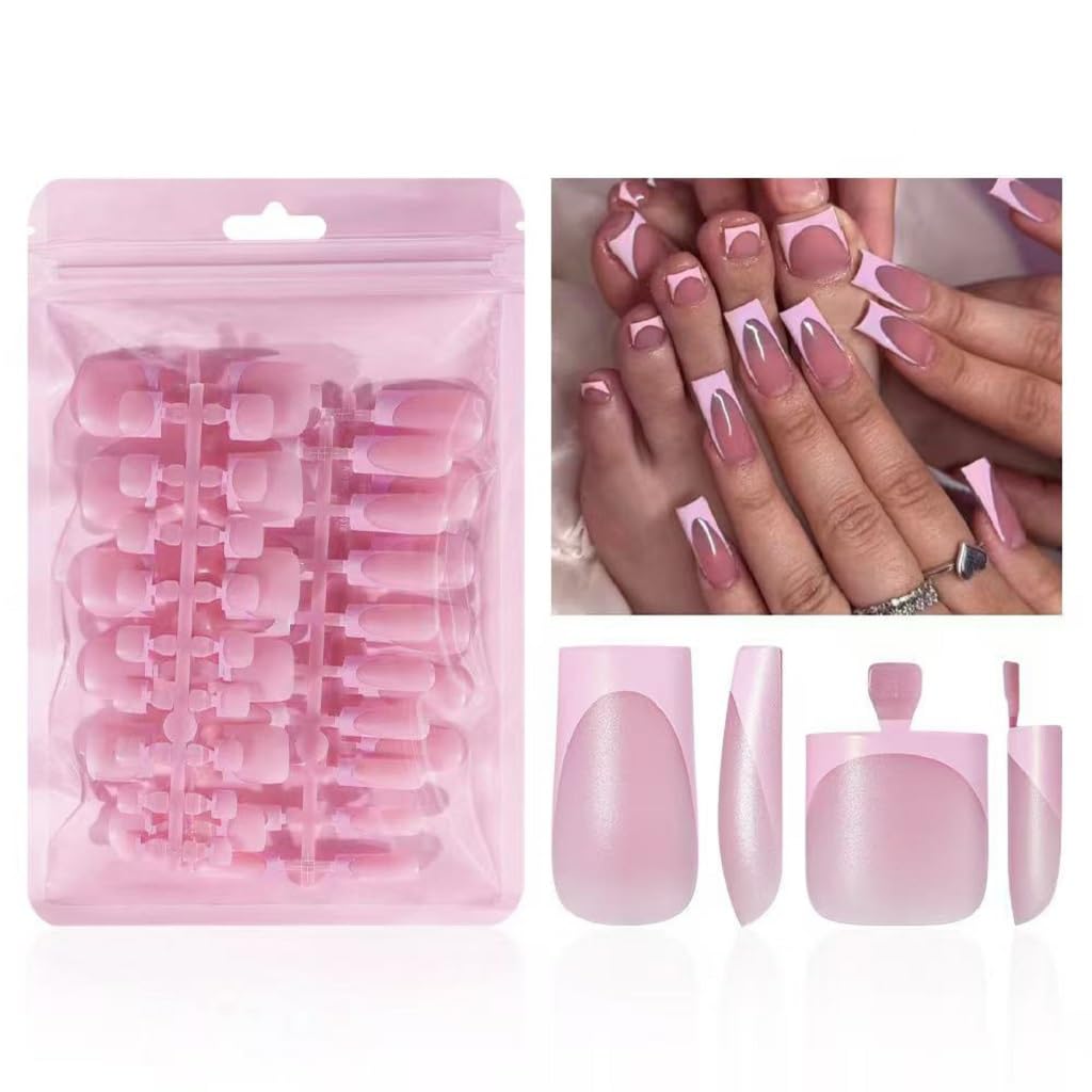 NHIXK 60 Pcs Pink French Tip Press On Nails Set front view