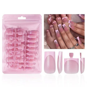 NHIXK 60 Pcs Pink French Tip Press On Nails Set front view