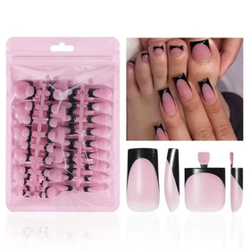 NHIXK 60Pcs Black French Tip Press on Nails Set front view