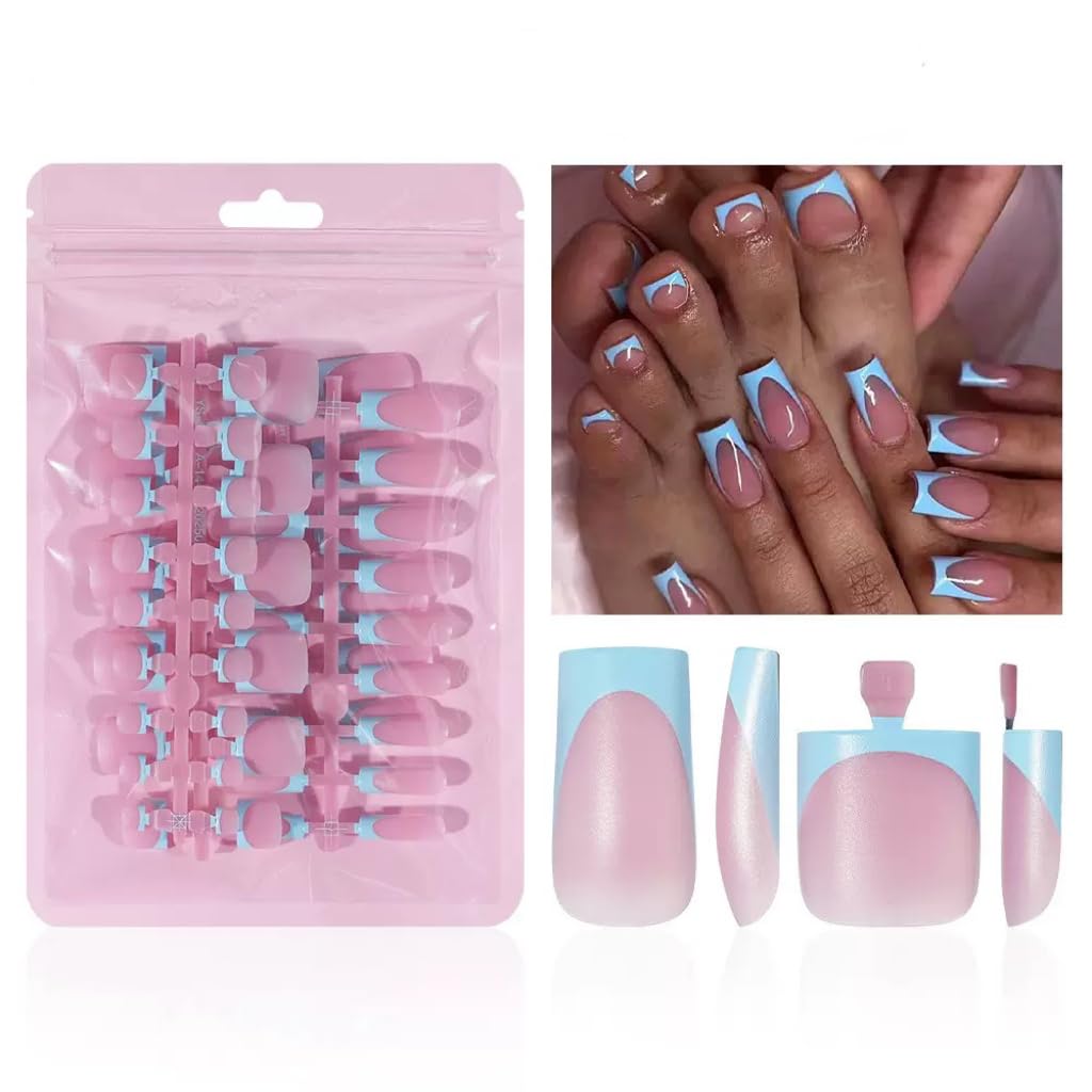NHIXK 60Pcs Press On Nails Set with blue French tips